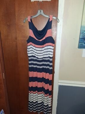 Olivia Matthews Navy Pink White Striped Maxi Dress